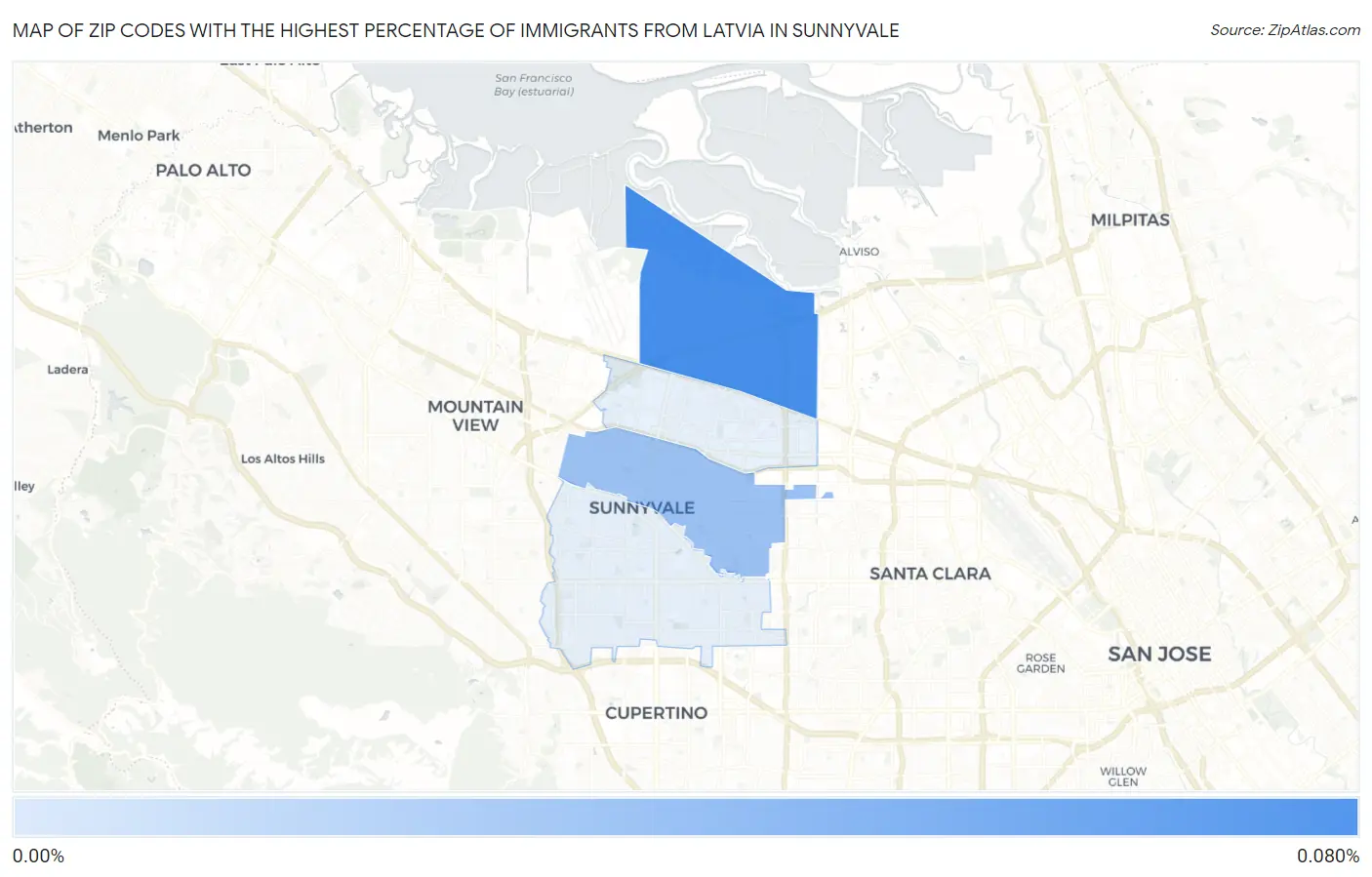 Zip Codes with the Highest Percentage of Immigrants from Latvia in Sunnyvale Map