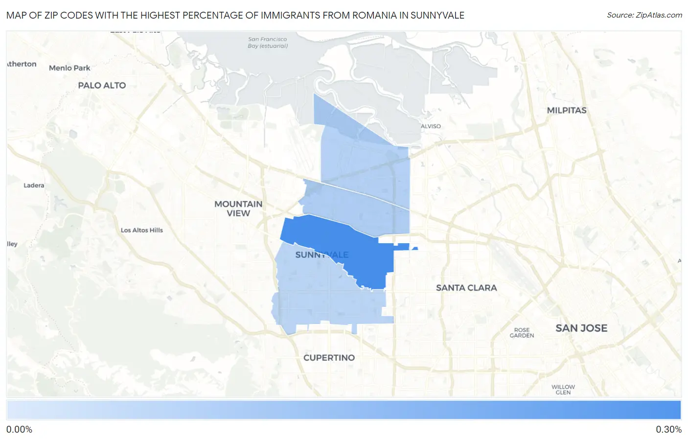 Zip Codes with the Highest Percentage of Immigrants from Romania in Sunnyvale Map