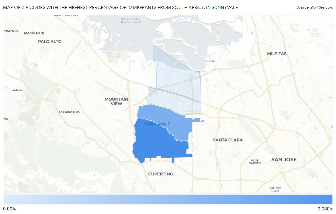 Zip Codes with the Highest Percentage of Immigrants from South Africa in Sunnyvale Map
