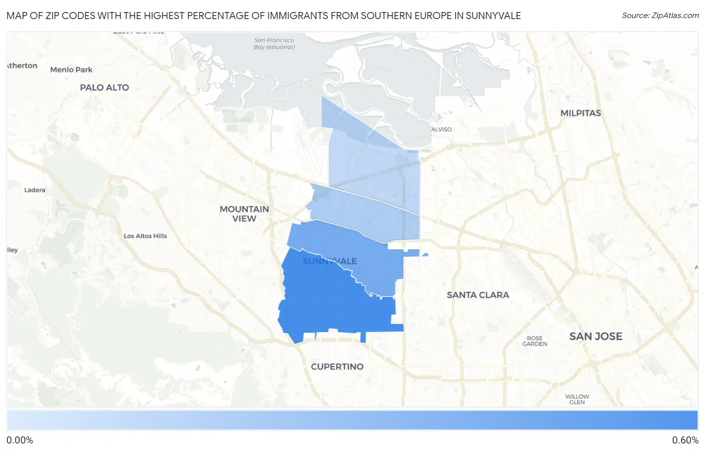 Zip Codes with the Highest Percentage of Immigrants from Southern Europe in Sunnyvale Map