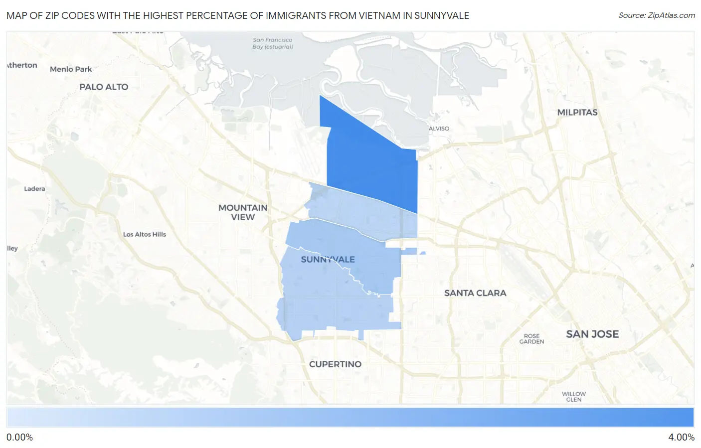 Zip Codes with the Highest Percentage of Immigrants from Vietnam in Sunnyvale Map