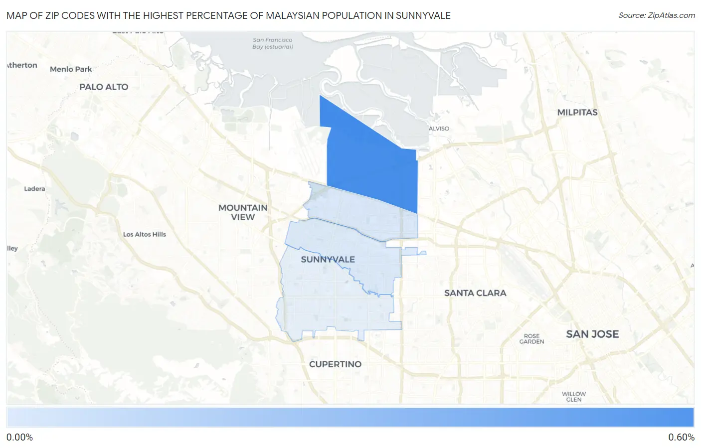 Zip Codes with the Highest Percentage of Malaysian Population in Sunnyvale Map