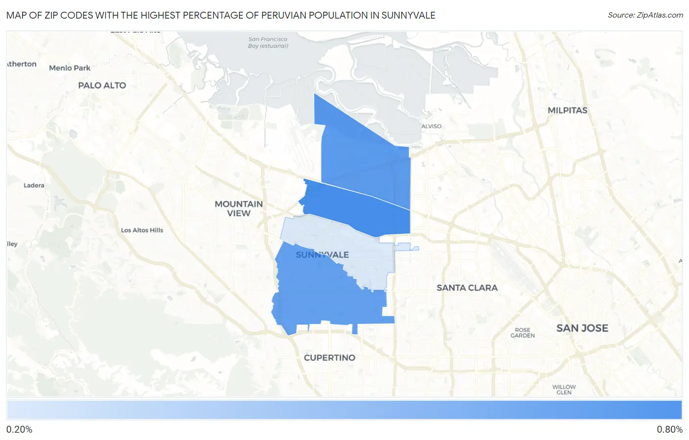 Zip Codes with the Highest Percentage of Peruvian Population in Sunnyvale Map