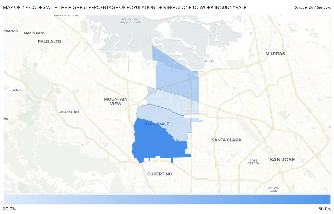 Zip Codes with the Highest Percentage of Population Driving Alone to Work in Sunnyvale Map