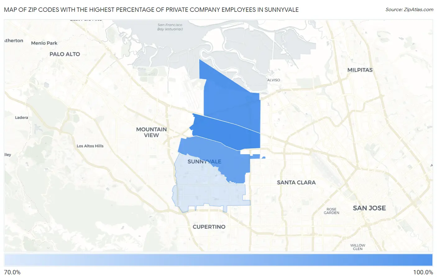 Zip Codes with the Highest Percentage of Private Company Employees in Sunnyvale Map