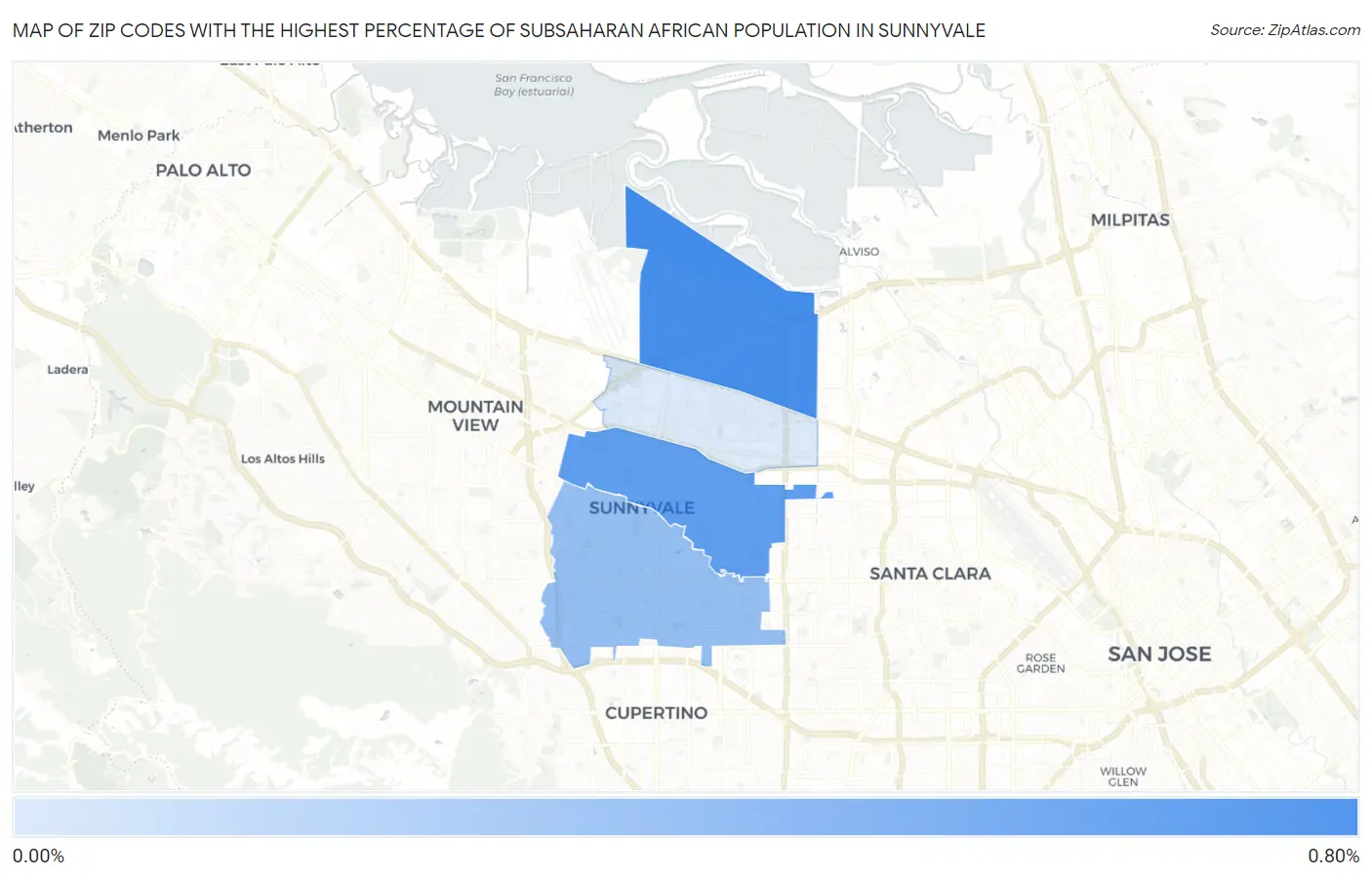 Zip Codes with the Highest Percentage of Subsaharan African Population in Sunnyvale Map