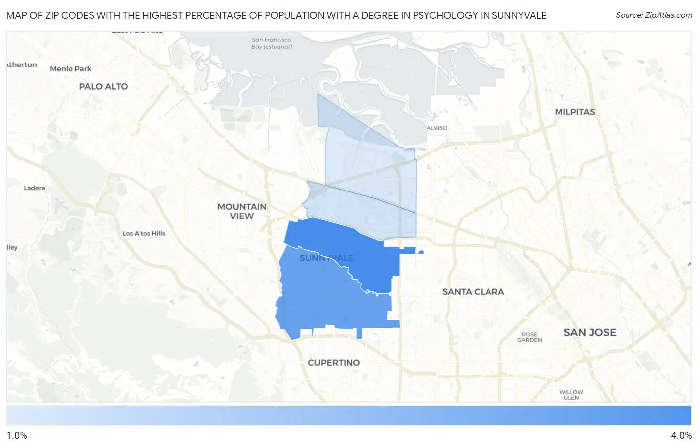 Zip Codes with the Highest Percentage of Population with a Degree in Psychology in Sunnyvale Map