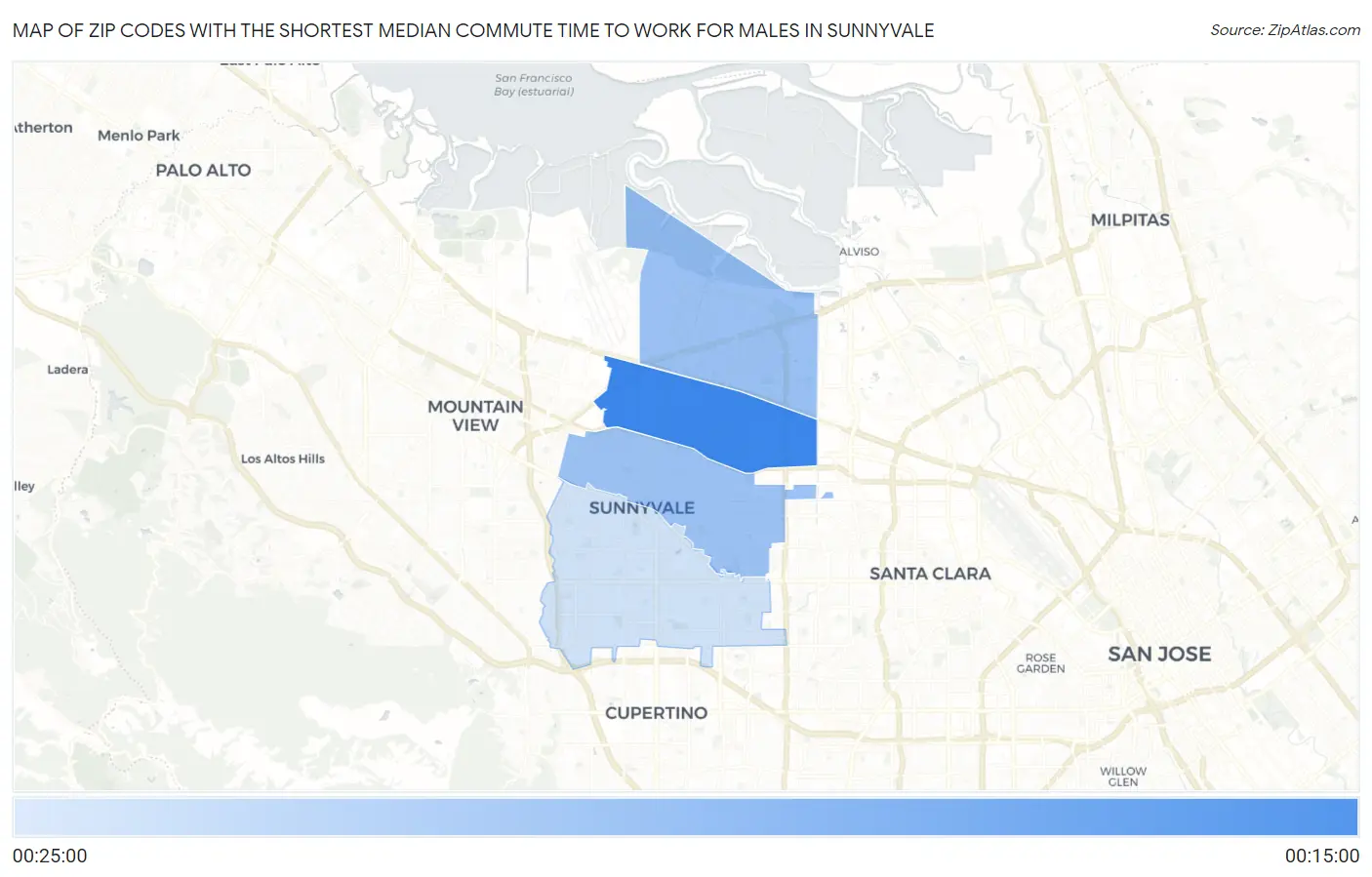 Zip Codes with the Shortest Median Commute Time to Work for Males in Sunnyvale Map