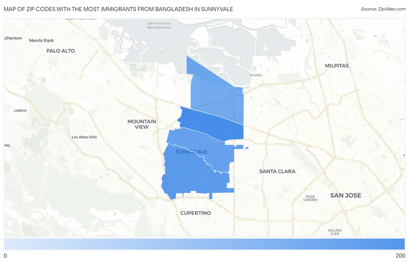 Zip Codes with the Most Immigrants from Bangladesh in Sunnyvale Map