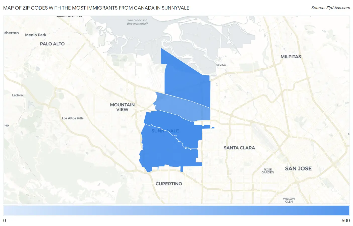 Zip Codes with the Most Immigrants from Canada in Sunnyvale Map