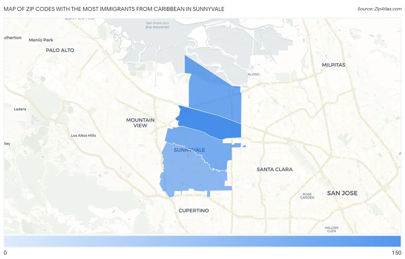Zip Codes with the Most Immigrants from Caribbean in Sunnyvale Map