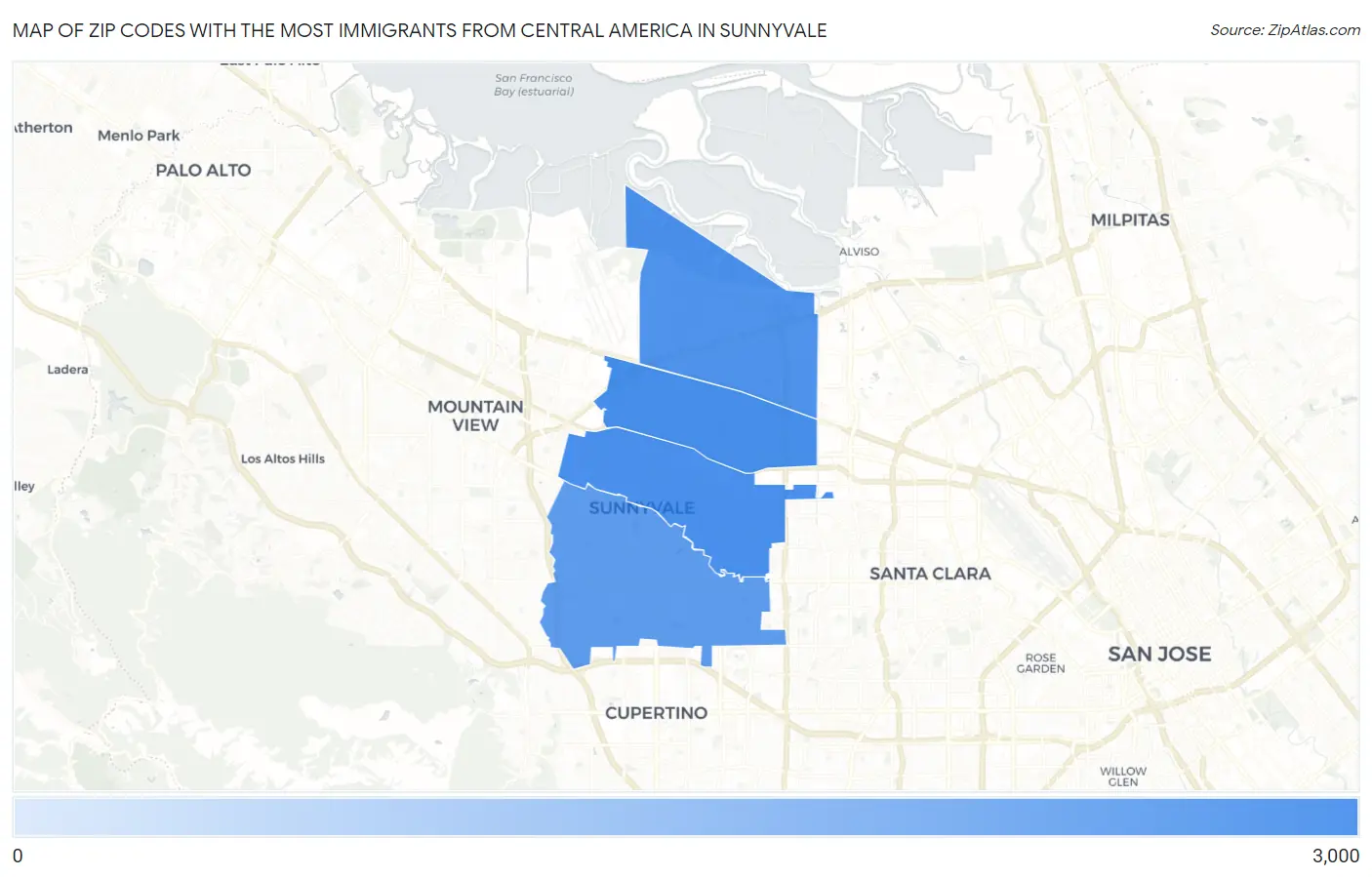 Zip Codes with the Most Immigrants from Central America in Sunnyvale Map