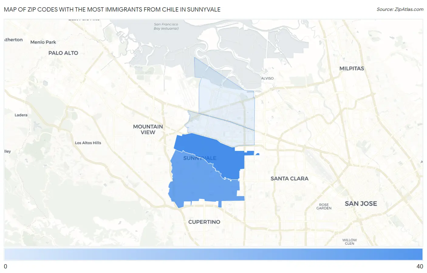 Zip Codes with the Most Immigrants from Chile in Sunnyvale Map