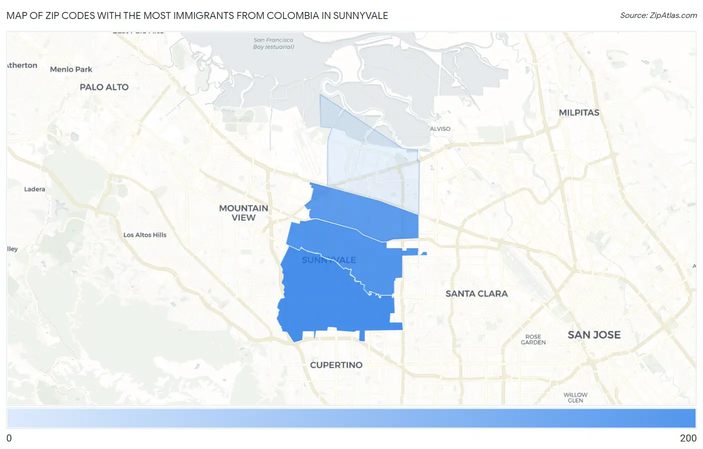 Zip Codes with the Most Immigrants from Colombia in Sunnyvale Map