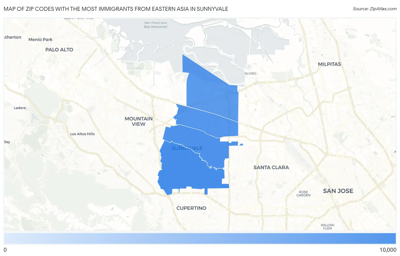 Zip Codes with the Most Immigrants from Eastern Asia in Sunnyvale Map