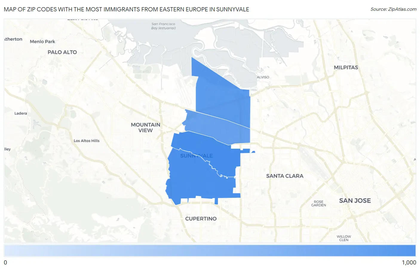 Zip Codes with the Most Immigrants from Eastern Europe in Sunnyvale Map