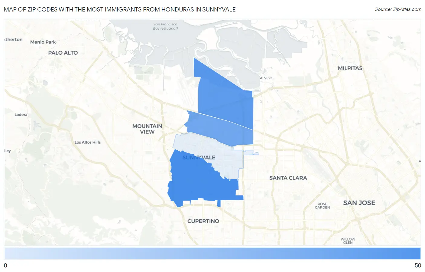 Zip Codes with the Most Immigrants from Honduras in Sunnyvale Map