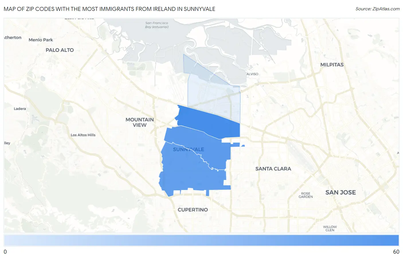 Zip Codes with the Most Immigrants from Ireland in Sunnyvale Map