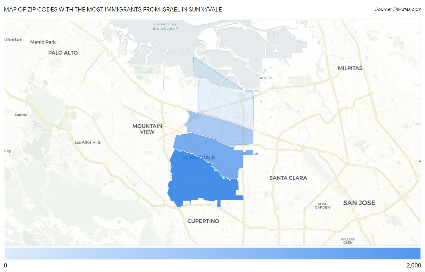 Zip Codes with the Most Immigrants from Israel in Sunnyvale Map