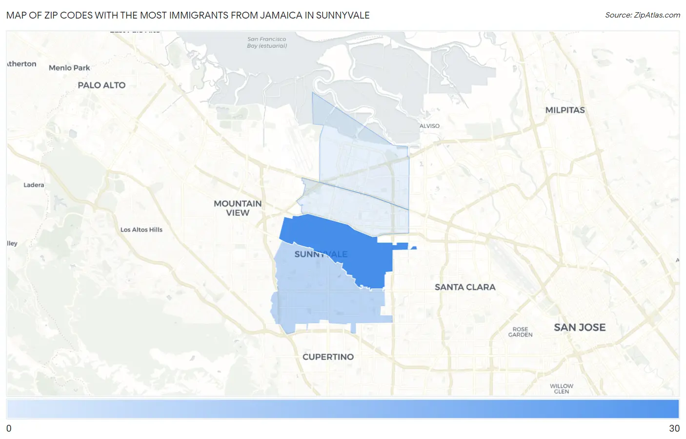 Zip Codes with the Most Immigrants from Jamaica in Sunnyvale Map
