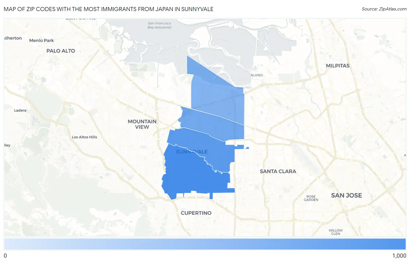 Zip Codes with the Most Immigrants from Japan in Sunnyvale Map
