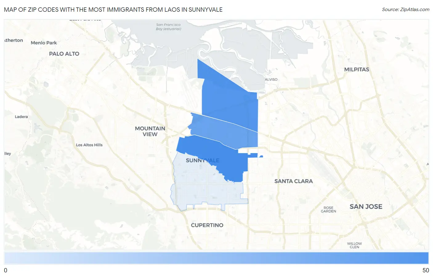 Zip Codes with the Most Immigrants from Laos in Sunnyvale Map