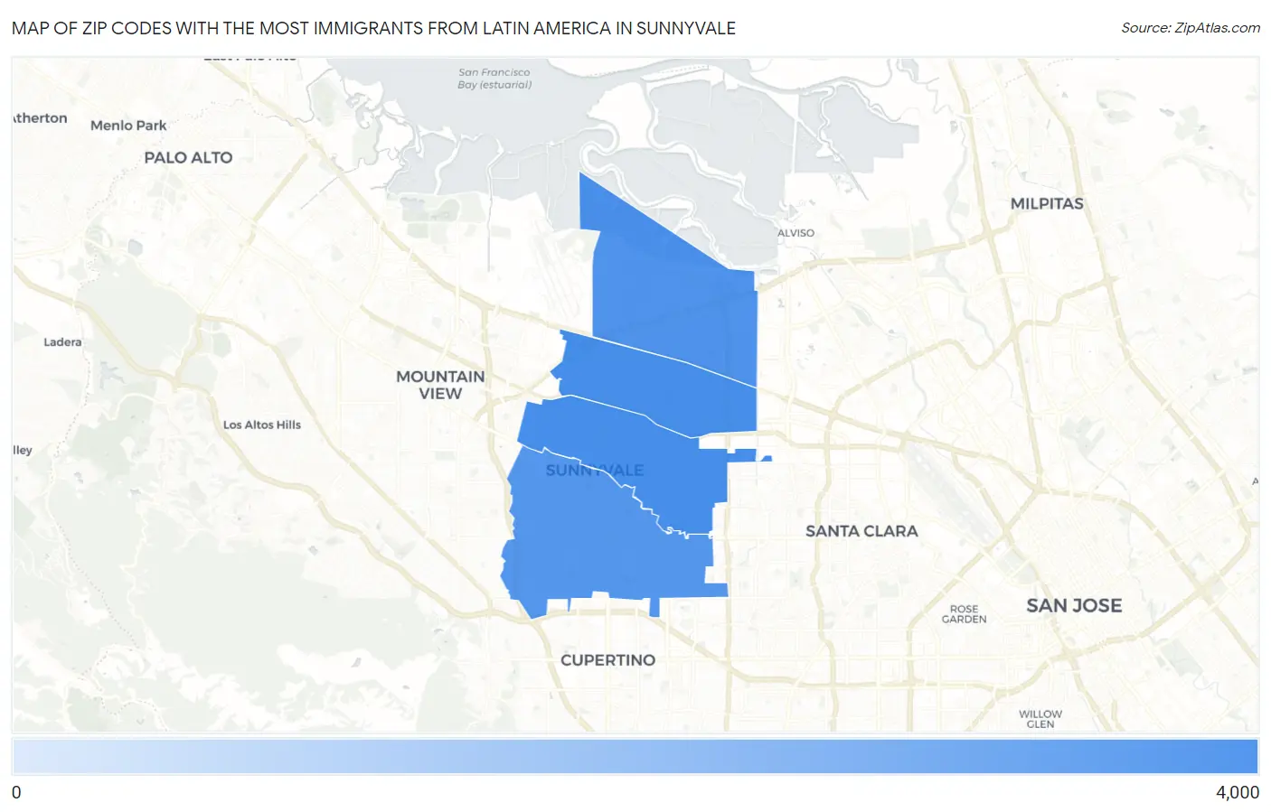 Zip Codes with the Most Immigrants from Latin America in Sunnyvale Map