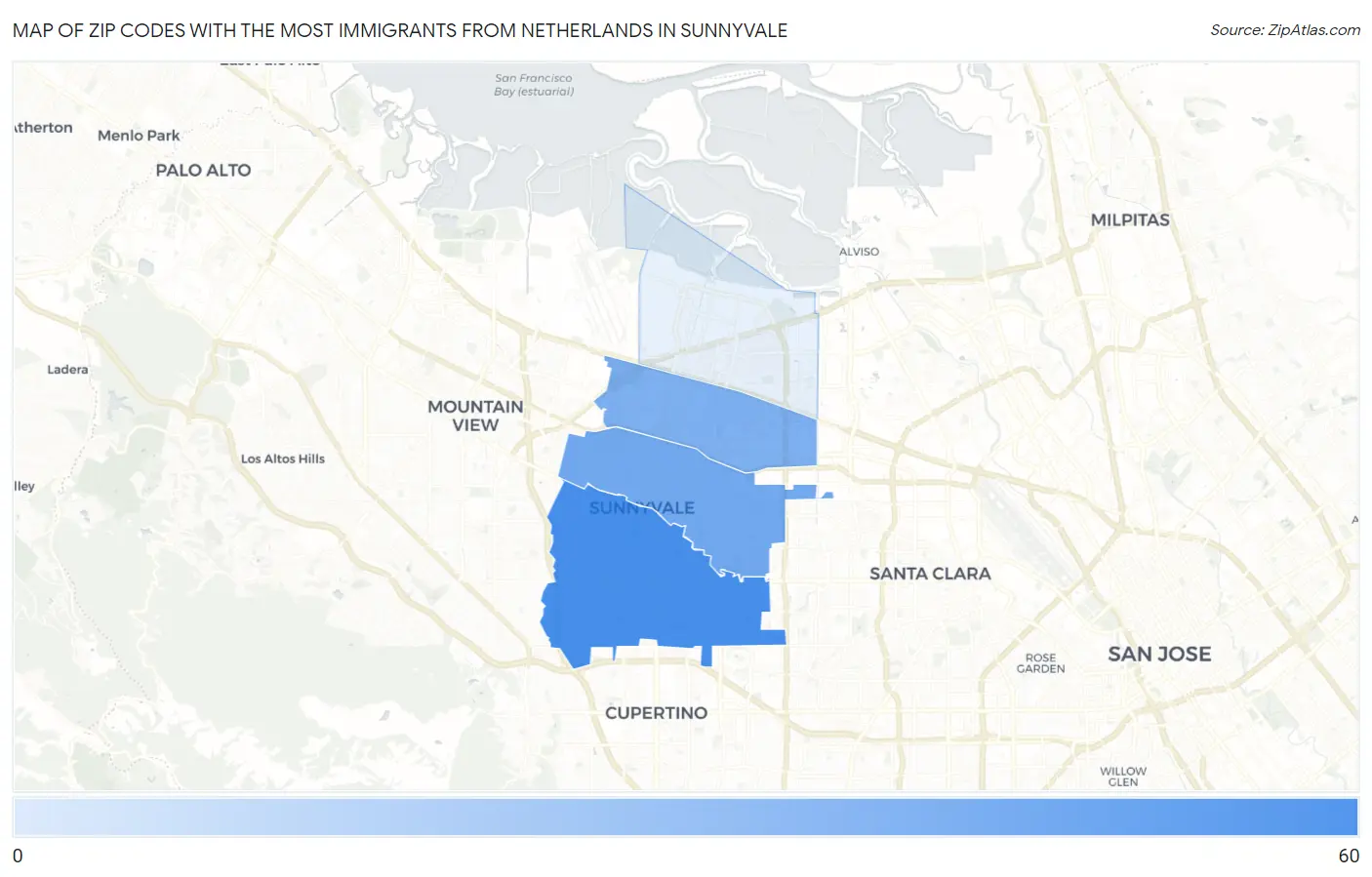 Zip Codes with the Most Immigrants from Netherlands in Sunnyvale Map