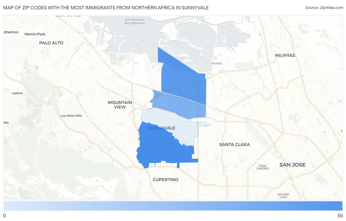 Zip Codes with the Most Immigrants from Northern Africa in Sunnyvale Map
