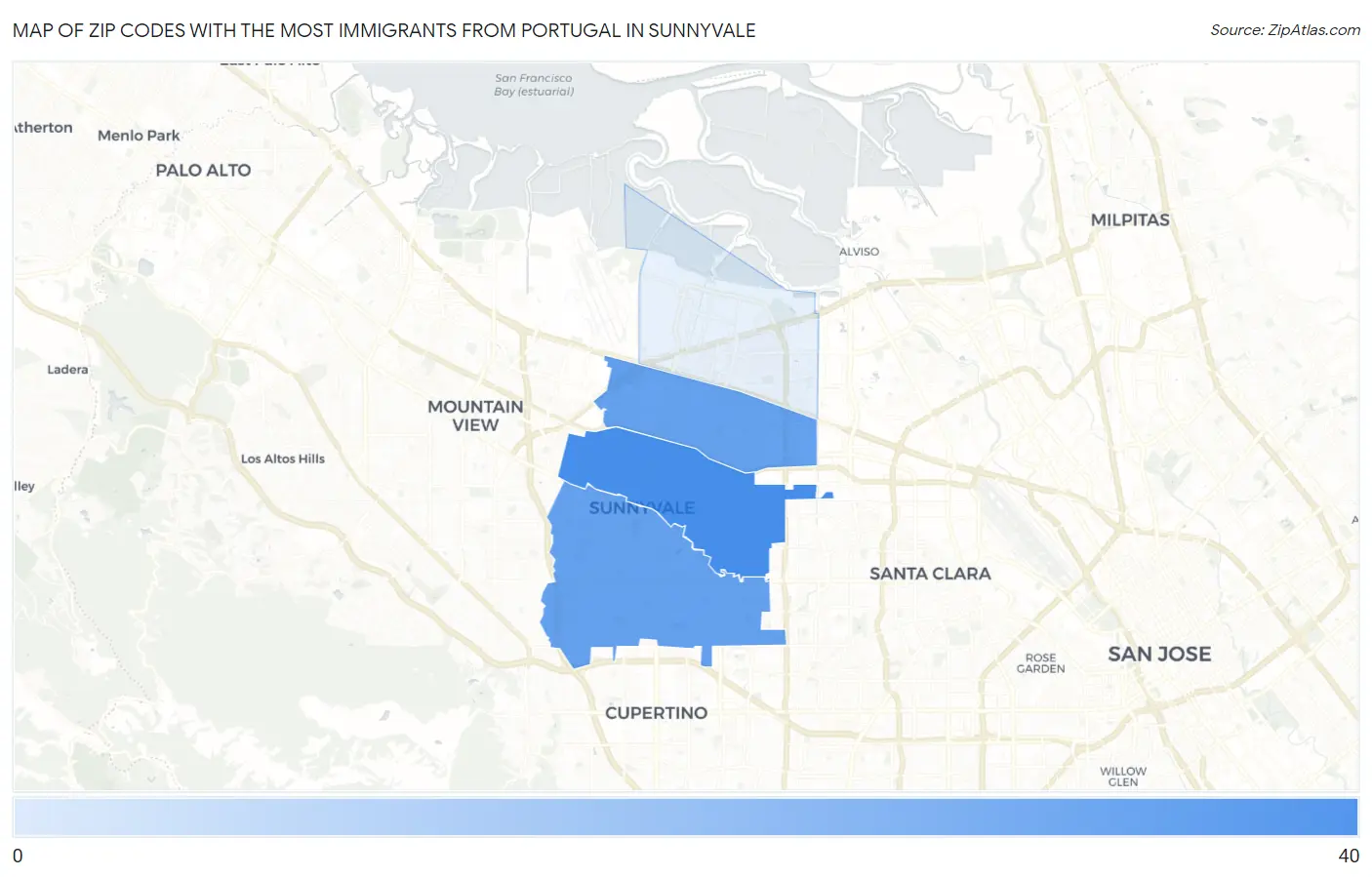 Zip Codes with the Most Immigrants from Portugal in Sunnyvale Map