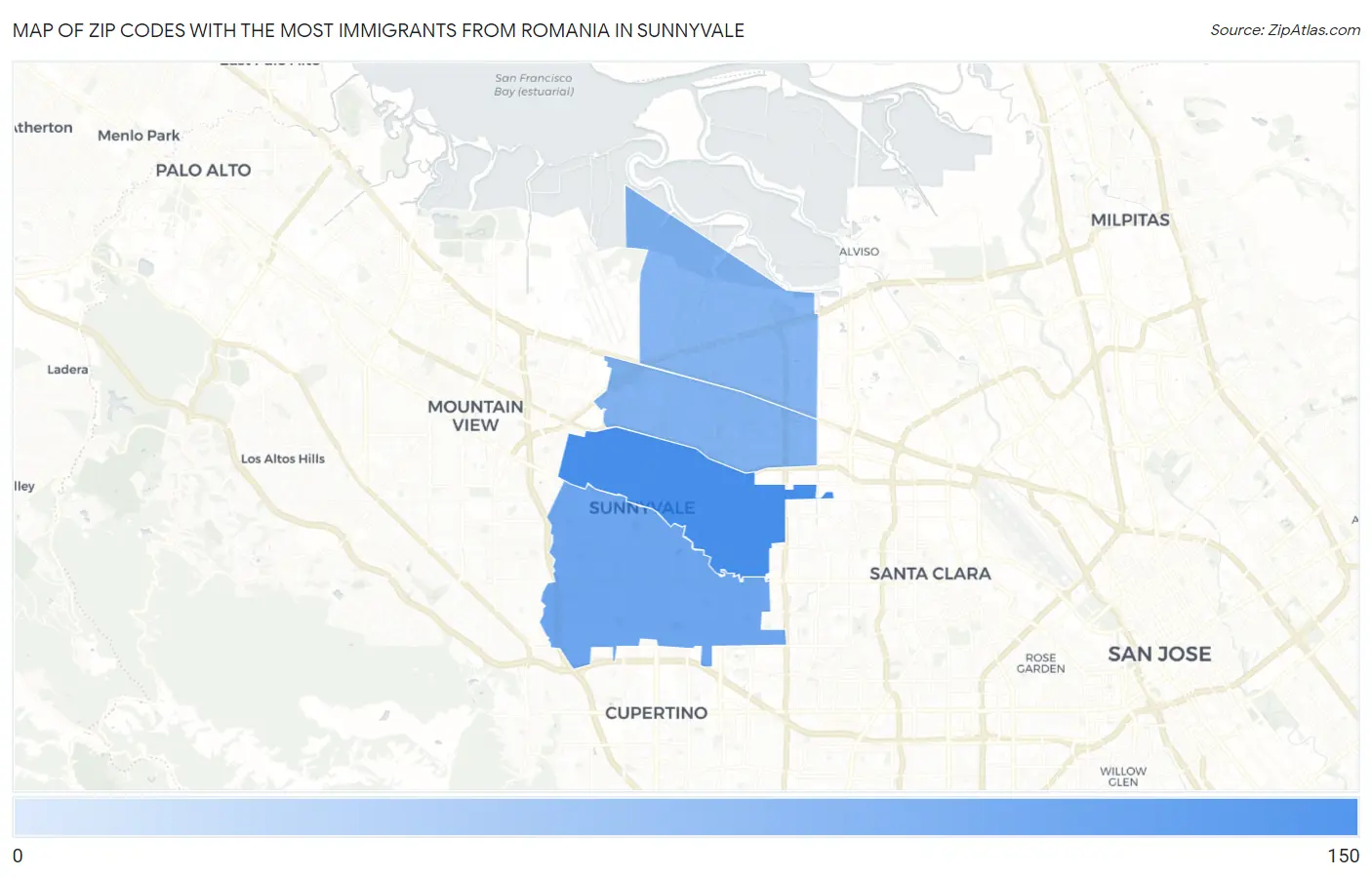 Zip Codes with the Most Immigrants from Romania in Sunnyvale Map