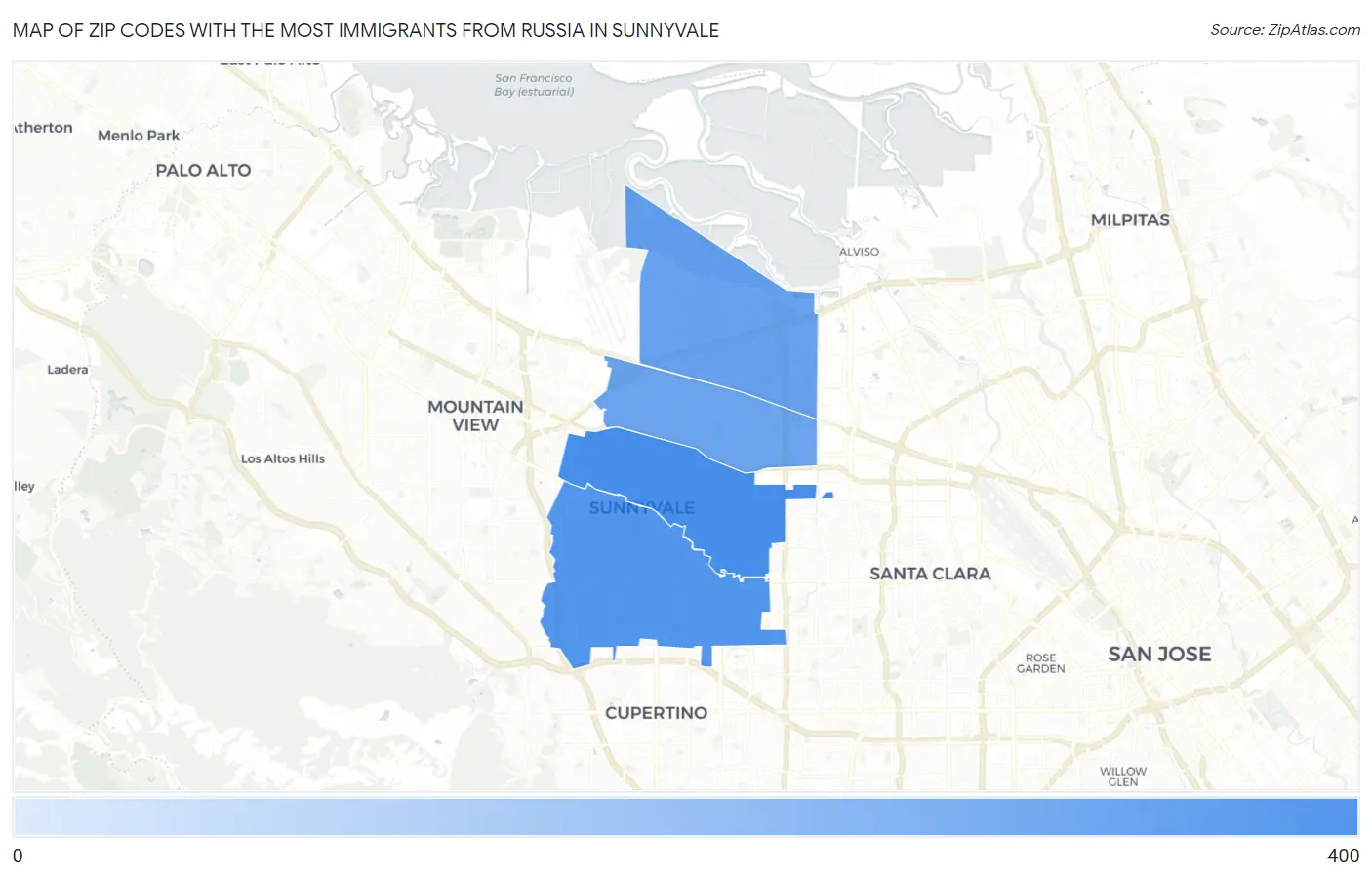 Zip Codes with the Most Immigrants from Russia in Sunnyvale Map