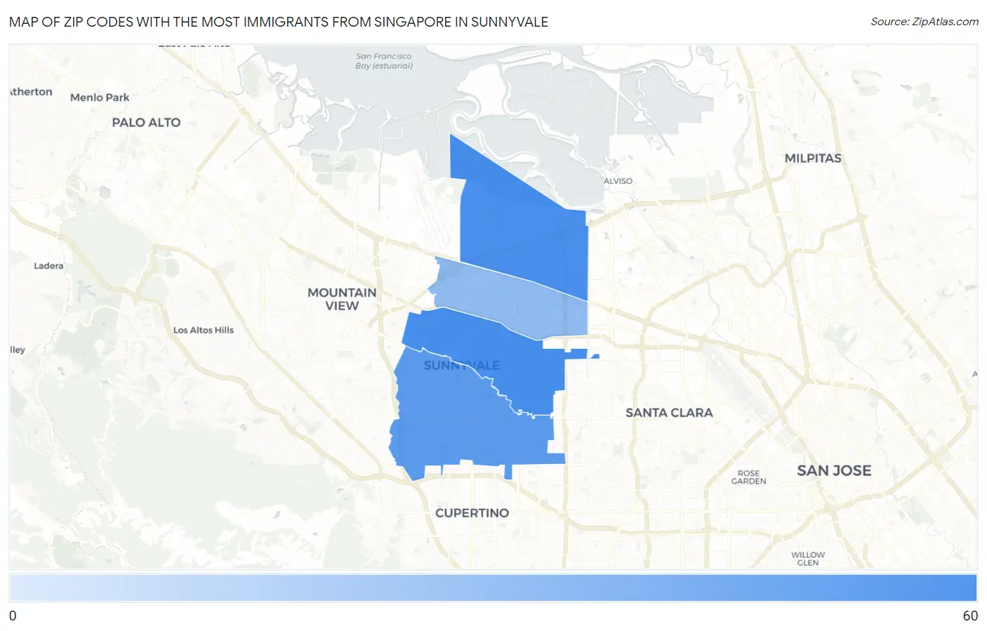 Zip Codes with the Most Immigrants from Singapore in Sunnyvale Map