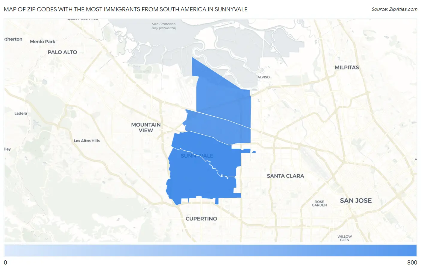 Zip Codes with the Most Immigrants from South America in Sunnyvale Map