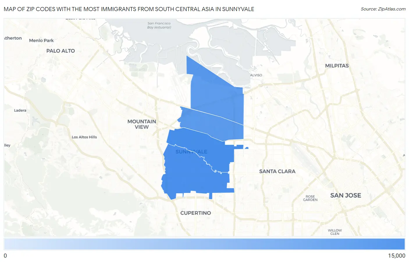 Zip Codes with the Most Immigrants from South Central Asia in Sunnyvale Map