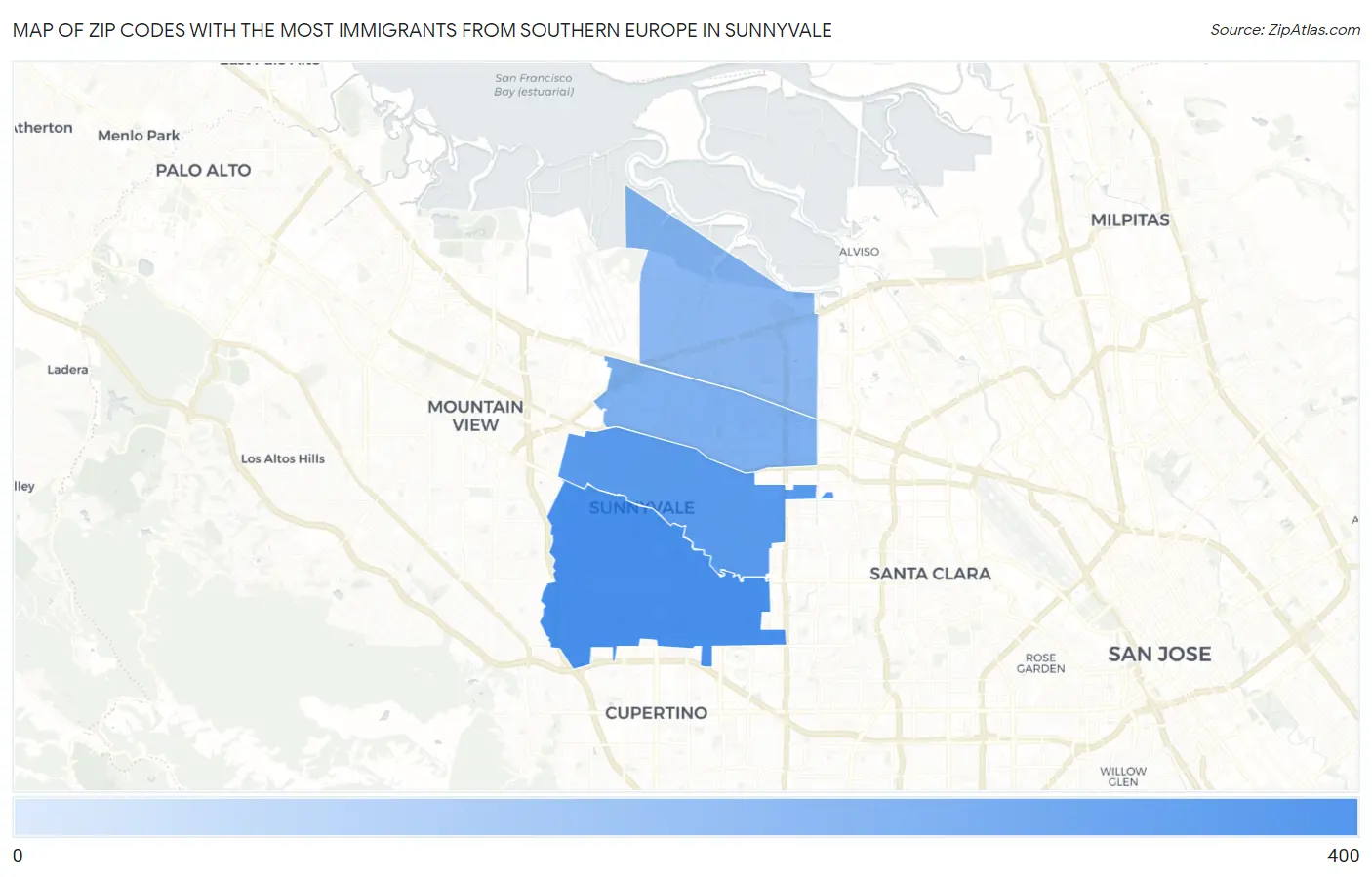 Zip Codes with the Most Immigrants from Southern Europe in Sunnyvale Map