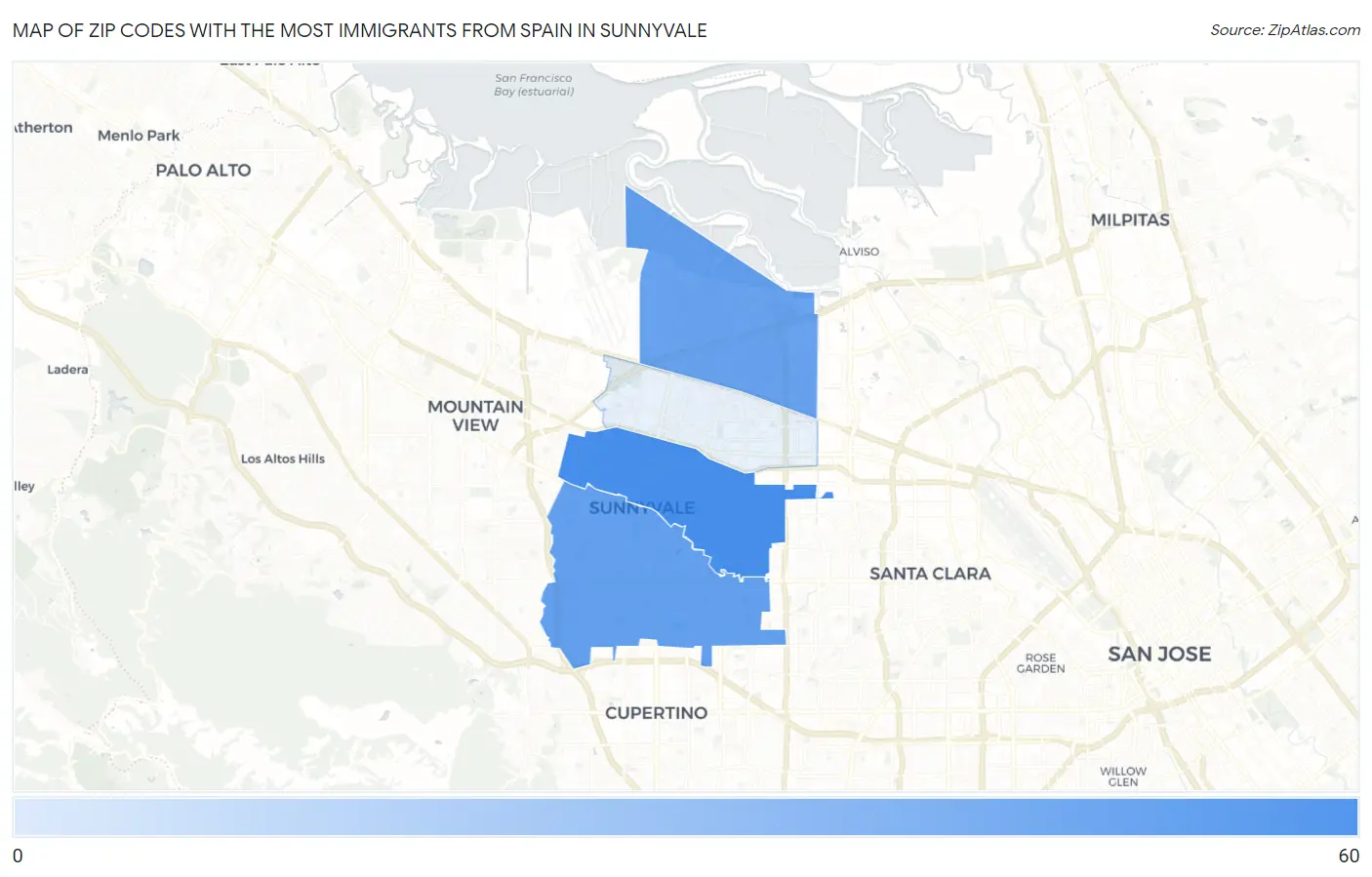 Zip Codes with the Most Immigrants from Spain in Sunnyvale Map