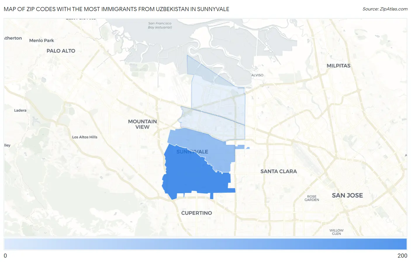 Zip Codes with the Most Immigrants from Uzbekistan in Sunnyvale Map