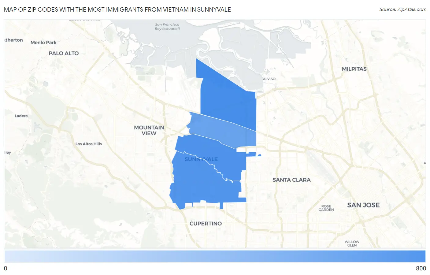 Zip Codes with the Most Immigrants from Vietnam in Sunnyvale Map