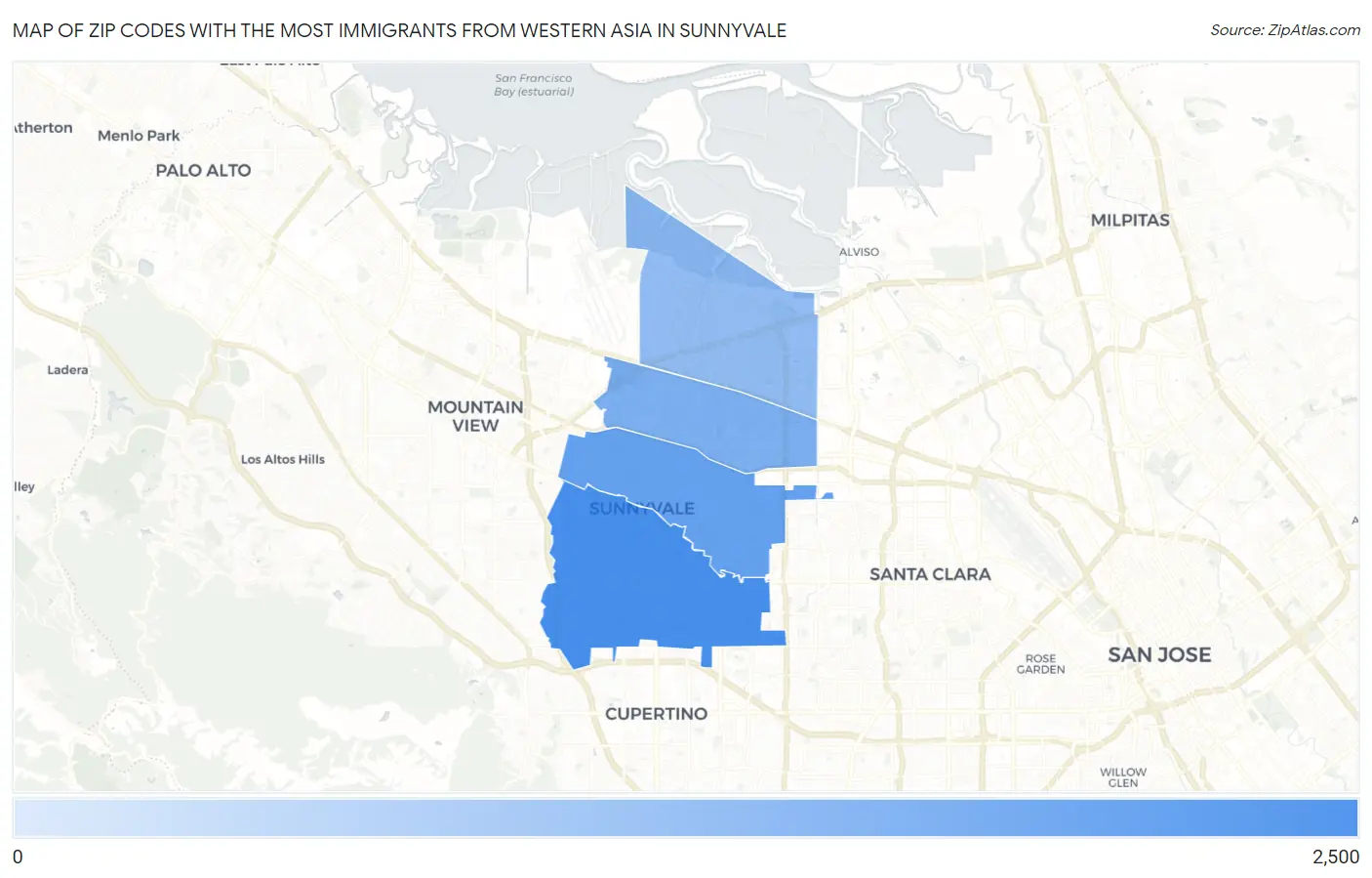 Zip Codes with the Most Immigrants from Western Asia in Sunnyvale Map