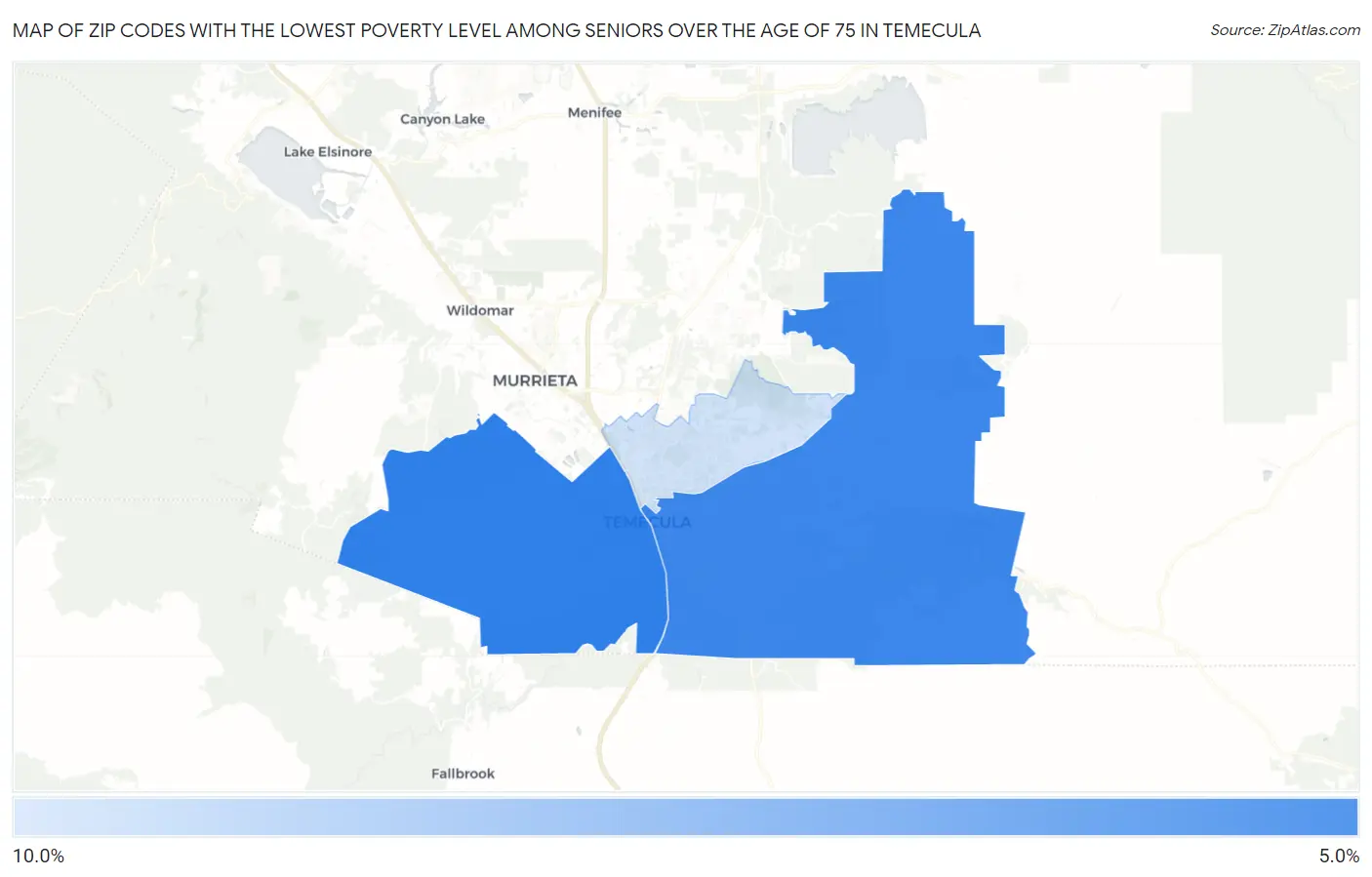 Zip Codes with the Lowest Poverty Level Among Seniors Over the Age of 75 in Temecula Map