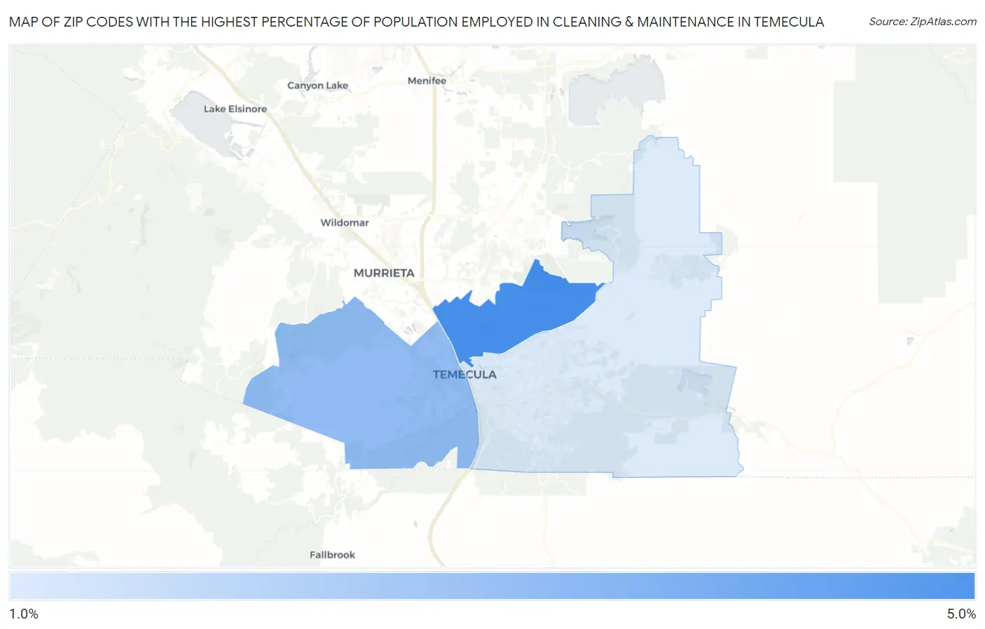 Zip Codes with the Highest Percentage of Population Employed in Cleaning & Maintenance in Temecula Map