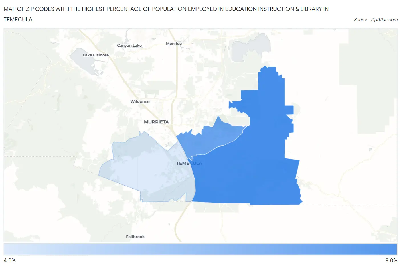 Zip Codes with the Highest Percentage of Population Employed in Education Instruction & Library in Temecula Map