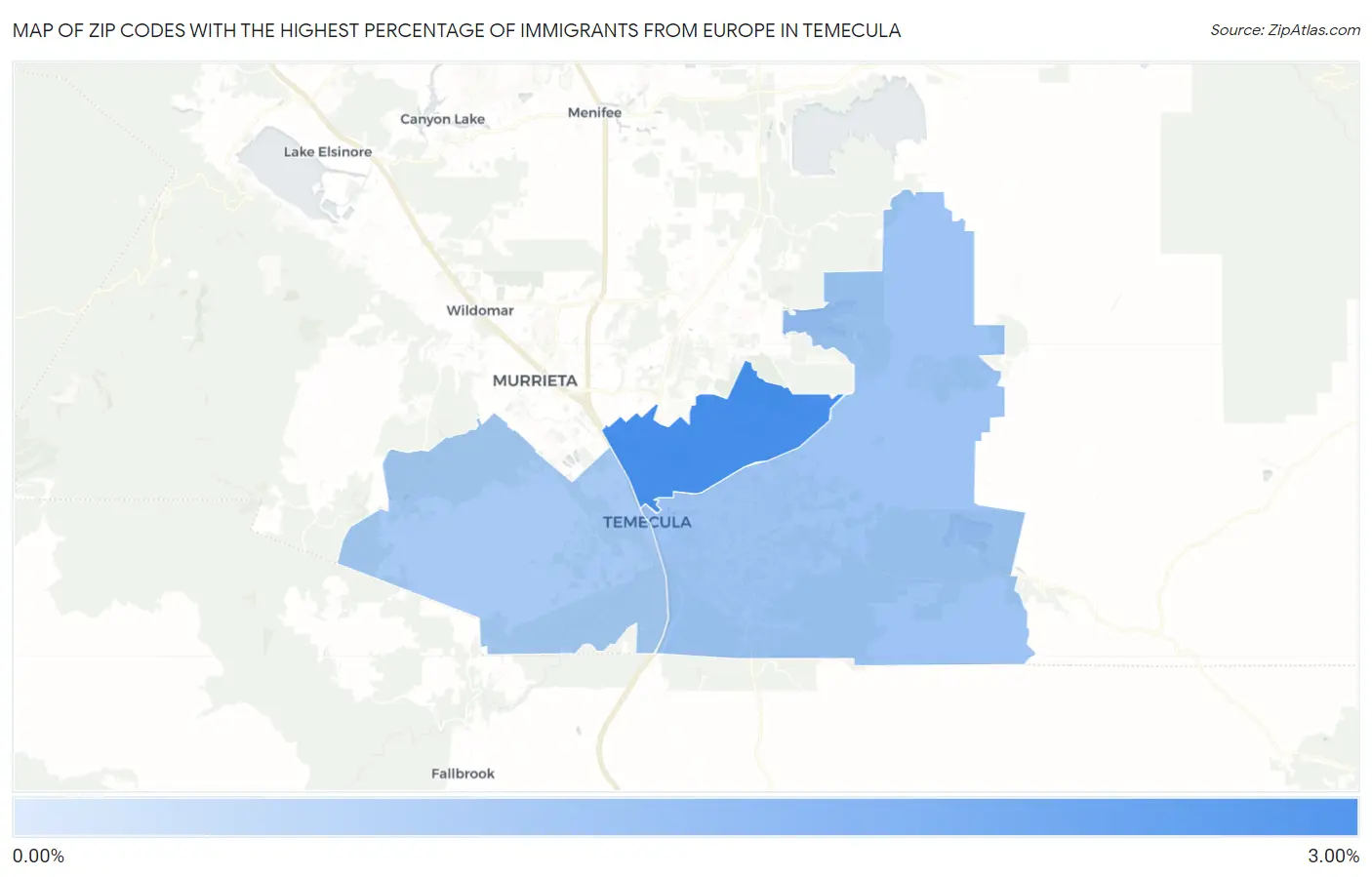 Zip Codes with the Highest Percentage of Immigrants from Europe in Temecula Map