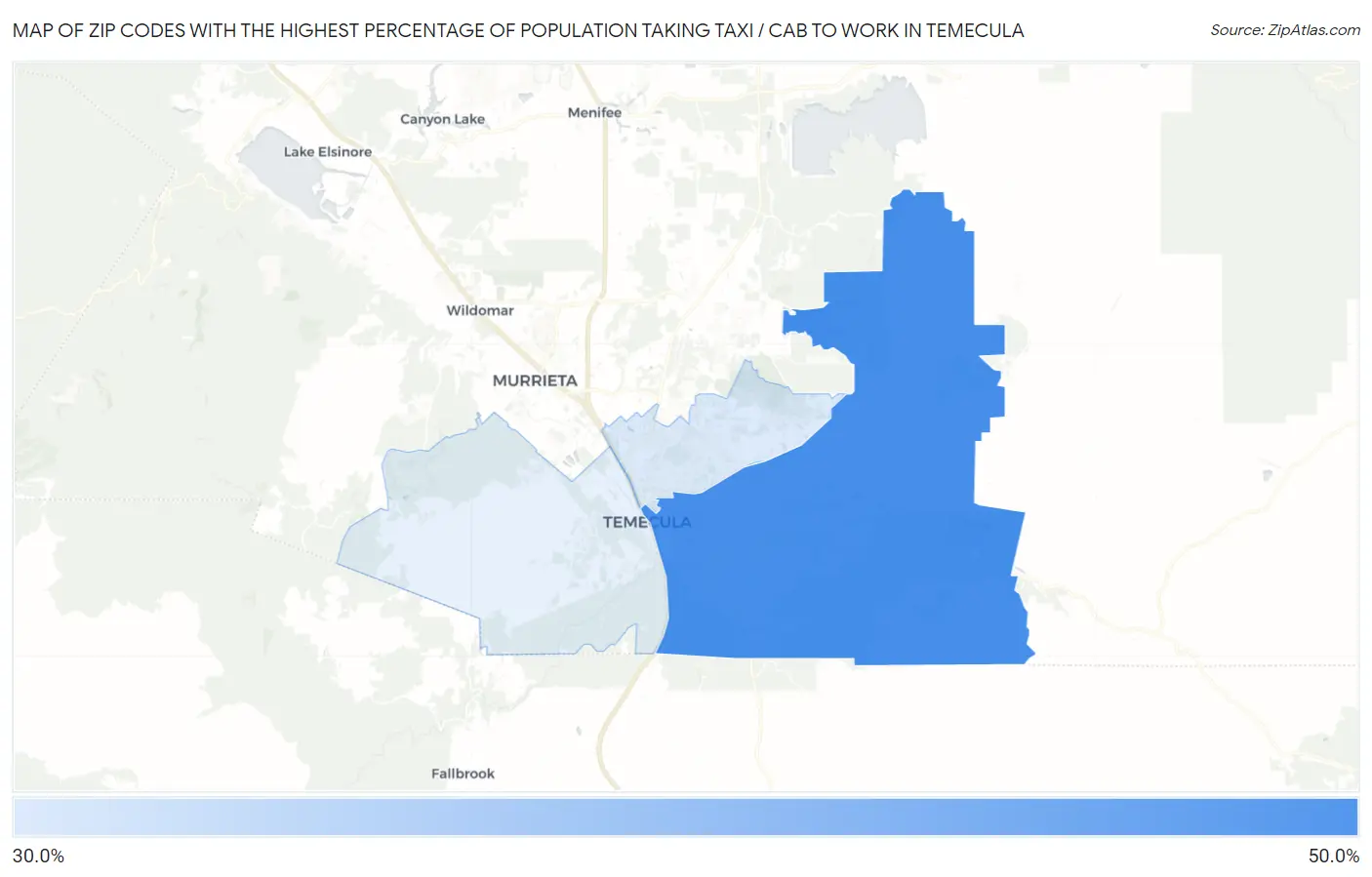 Zip Codes with the Highest Percentage of Population Taking Taxi / Cab to Work in Temecula Map