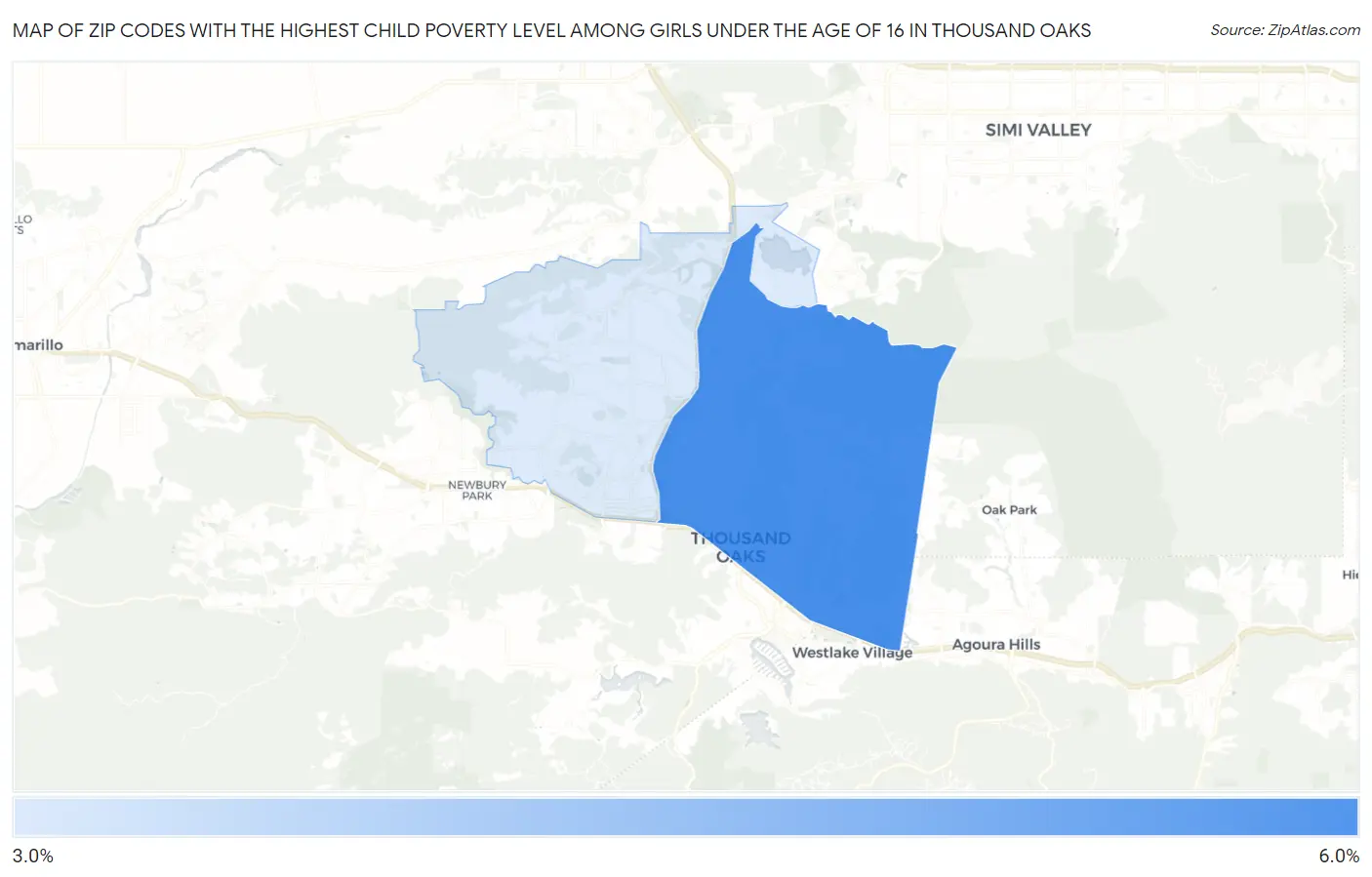 Zip Codes with the Highest Child Poverty Level Among Girls Under the Age of 16 in Thousand Oaks Map