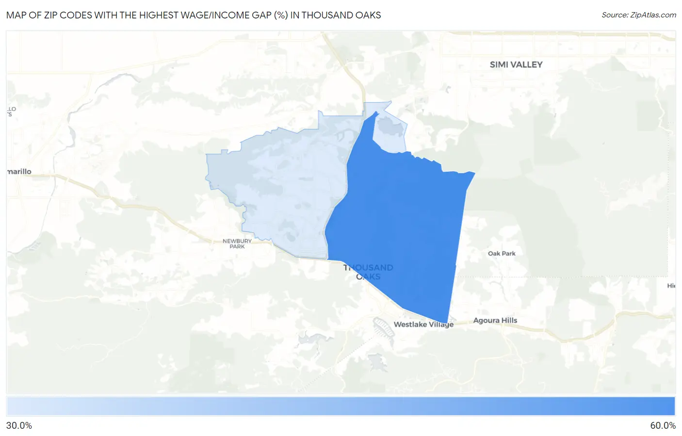Zip Codes with the Highest Wage/Income Gap (%) in Thousand Oaks Map