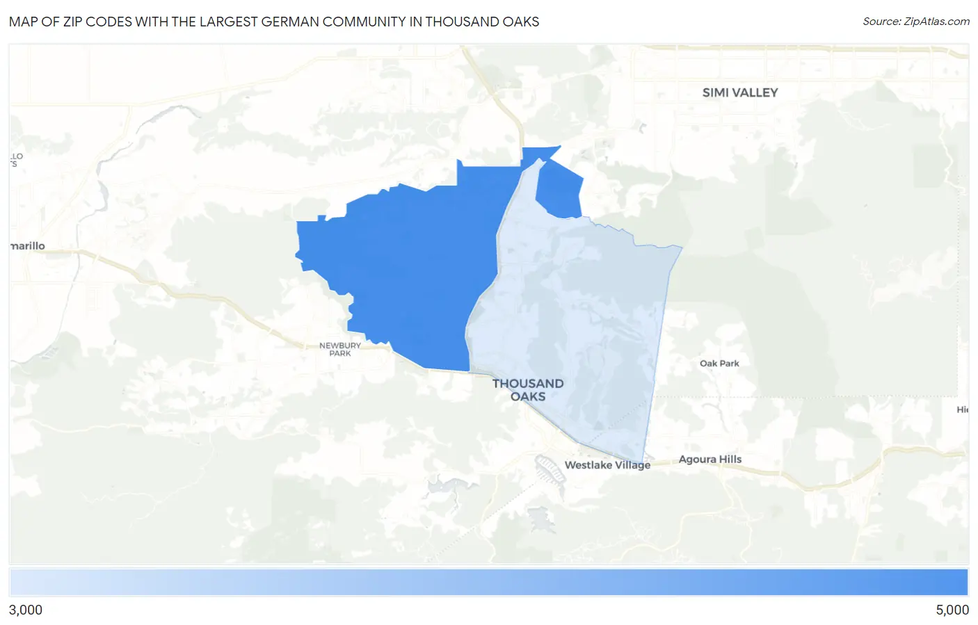 Zip Codes with the Largest German Community in Thousand Oaks Map