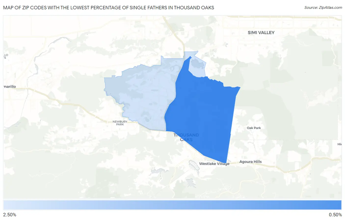 Zip Codes with the Lowest Percentage of Single Fathers in Thousand Oaks Map