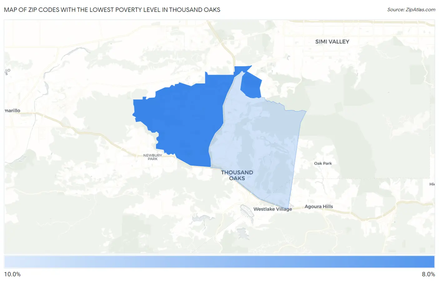 Zip Codes with the Lowest Poverty Level in Thousand Oaks Map